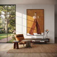 Rust Pants Coffee Stride focuses on the specific fashion figure shown in the artwork: walking woman with cream puff sleeve, striped blouse, rust trousers, and a takeaway coffee cup. The image is built around elongated trousers, a compact upper-body pose, sculptural sleeve volume, small accessory detail, and a quiet studio background. The brown, beige, yellow palette keeps the mood refined while the raised texture and visible brushwork make the surface feel handmade rather than printed. This