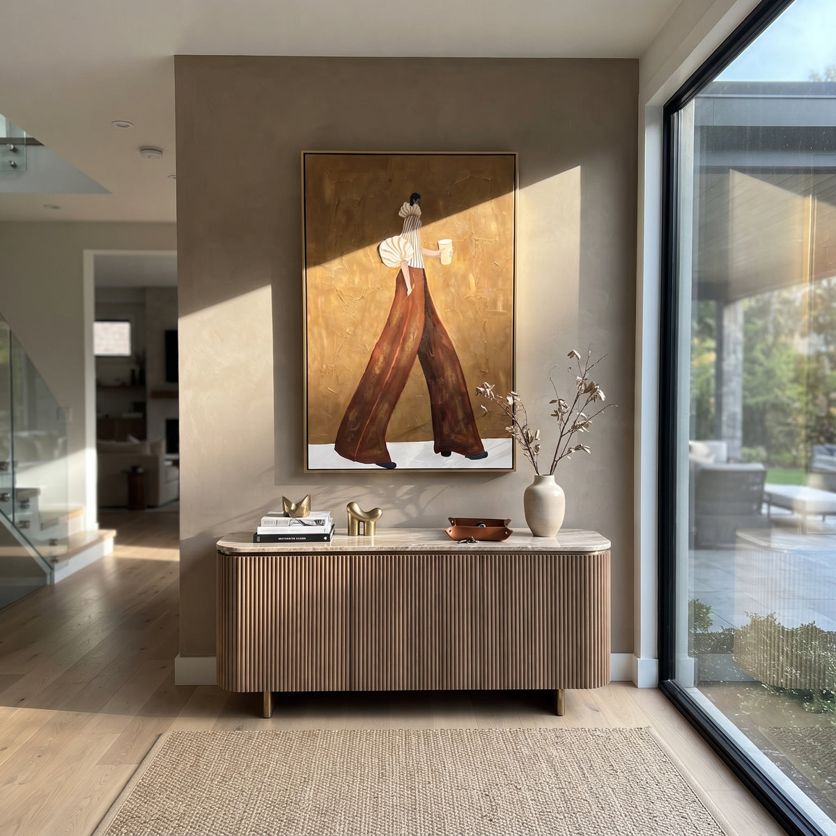 Rust Pants Coffee Stride focuses on the specific fashion figure shown in the artwork: walking woman with cream puff sleeve, striped blouse, rust trousers, and a takeaway coffee cup. The image is built around elongated trousers, a compact upper-body pose, sculptural sleeve volume, small accessory detail, and a quiet studio background. The brown, beige, yellow palette keeps the mood refined while the raised texture and visible brushwork make the surface feel handmade rather than printed. This