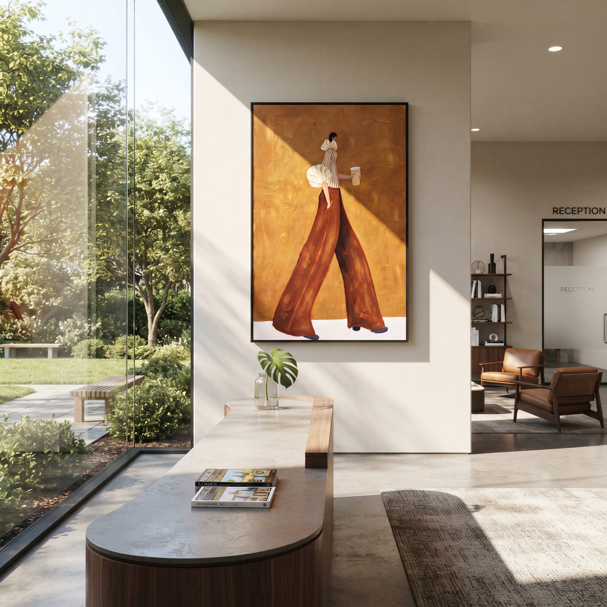 Rust Pants Coffee Stride focuses on the specific fashion figure shown in the artwork: walking woman with cream puff sleeve, striped blouse, rust trousers, and a takeaway coffee cup. The image is built around elongated trousers, a compact upper-body pose, sculptural sleeve volume, small accessory detail, and a quiet studio background. The brown, beige, yellow palette keeps the mood refined while the raised texture and visible brushwork make the surface feel handmade rather than printed. This