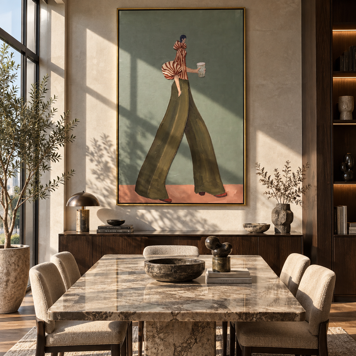 Olive Trousers Red Stripe Walk focuses on the specific fashion figure shown in the artwork: walking woman with red striped puff sleeve, olive trousers, and a pale cup. The image is built around elongated trousers, a compact upper-body pose, sculptural sleeve volume, small accessory detail, and a quiet studio background. The green, red, beige palette keeps the mood refined while the raised texture and visible brushwork make the surface feel handmade rather than printed. This made-to-order canvas