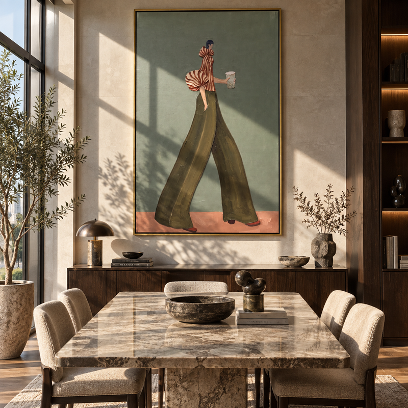 "Olive Trousers Red Stripe Walk" - Modern Heavy Impasto Abstract Artwork | Green & Red Palette Knife Painting | Luxury Vertical Wall Art #PT 2565