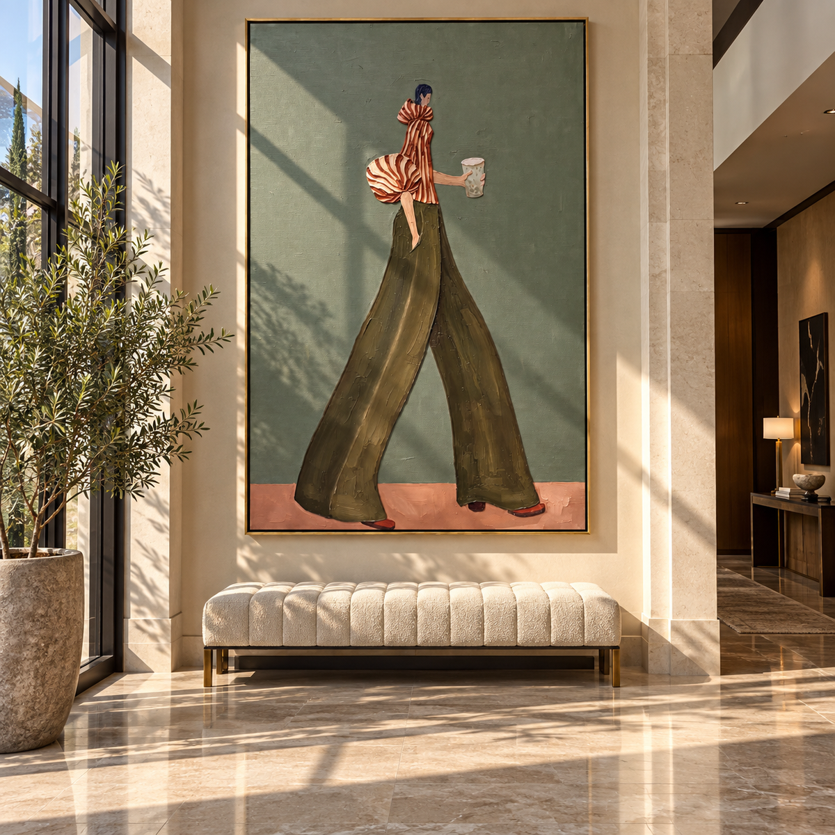 Olive Trousers Red Stripe Walk focuses on the specific fashion figure shown in the artwork: walking woman with red striped puff sleeve, olive trousers, and a pale cup. The image is built around elongated trousers, a compact upper-body pose, sculptural sleeve volume, small accessory detail, and a quiet studio background. The green, red, beige palette keeps the mood refined while the raised texture and visible brushwork make the surface feel handmade rather than printed. This made-to-order canvas
