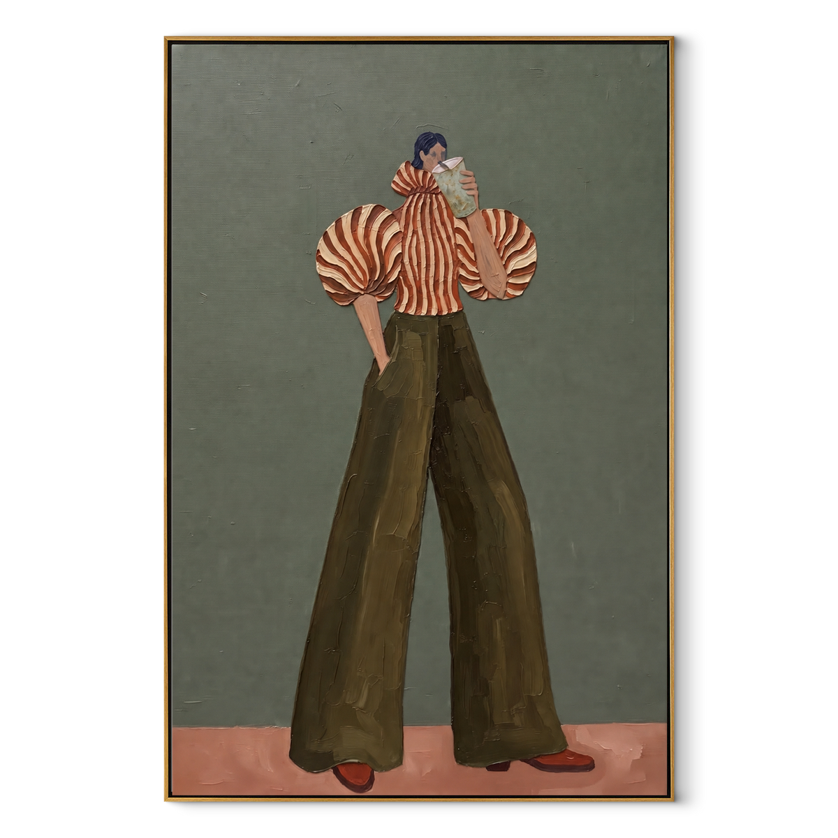 Red Stripe Olive Pants Portrait focuses on the specific fashion figure shown in the artwork: front-facing fashion figure with red striped sculptural sleeves and olive wide-leg pants holding a small card. The image is built around elongated trousers, a compact upper-body pose, sculptural sleeve volume, small accessory detail, and a quiet studio background. The green, red, beige palette keeps the mood refined while the raised texture and visible brushwork make the surface feel handmade rather than