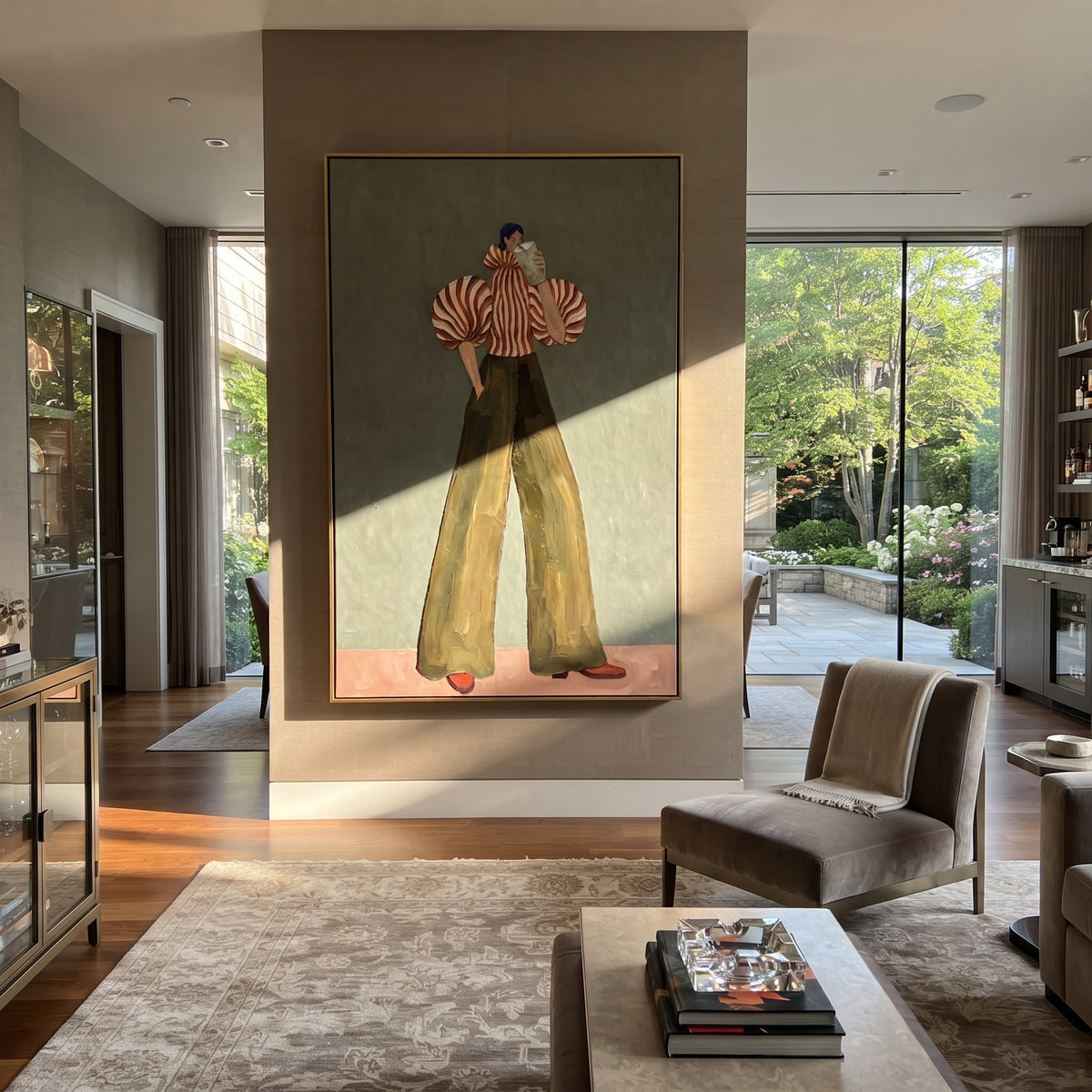 Red Stripe Olive Pants Portrait focuses on the specific fashion figure shown in the artwork: front-facing fashion figure with red striped sculptural sleeves and olive wide-leg pants holding a small card. The image is built around elongated trousers, a compact upper-body pose, sculptural sleeve volume, small accessory detail, and a quiet studio background. The green, red, beige palette keeps the mood refined while the raised texture and visible brushwork make the surface feel handmade rather than