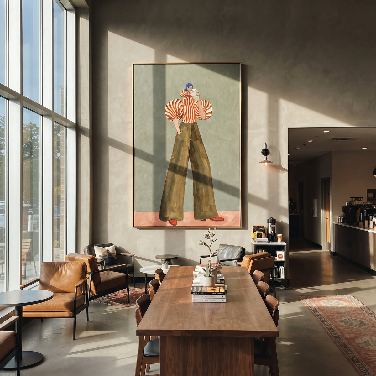 Red Stripe Olive Pants Portrait focuses on the specific fashion figure shown in the artwork: front-facing fashion figure with red striped sculptural sleeves and olive wide-leg pants holding a small card. The image is built around elongated trousers, a compact upper-body pose, sculptural sleeve volume, small accessory detail, and a quiet studio background. The green, red, beige palette keeps the mood refined while the raised texture and visible brushwork make the surface feel handmade rather than