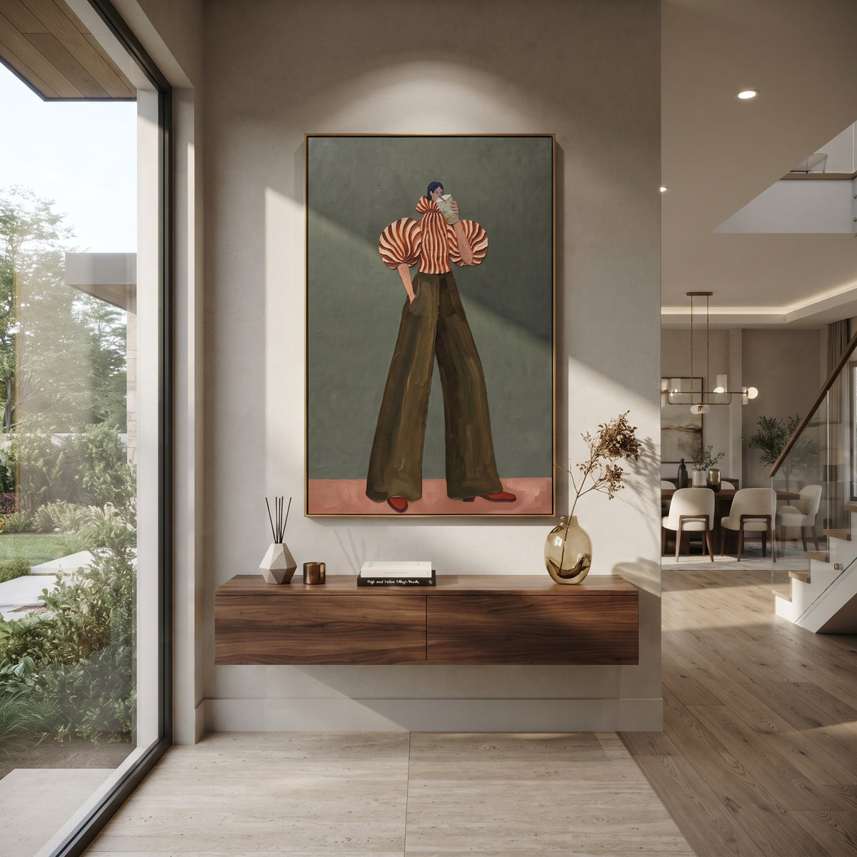 Red Stripe Olive Pants Portrait focuses on the specific fashion figure shown in the artwork: front-facing fashion figure with red striped sculptural sleeves and olive wide-leg pants holding a small card. The image is built around elongated trousers, a compact upper-body pose, sculptural sleeve volume, small accessory detail, and a quiet studio background. The green, red, beige palette keeps the mood refined while the raised texture and visible brushwork make the surface feel handmade rather than