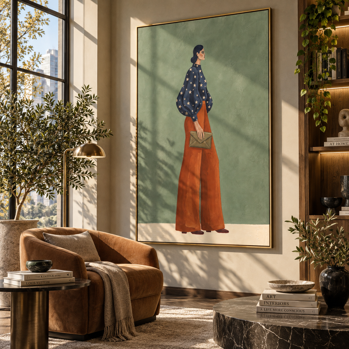 Navy Star Blouse Clutch focuses on the specific fashion figure shown in the artwork: woman in a navy star-pattern blouse and rust trousers holding a soft clutch. The image is built around elongated trousers, a compact upper-body pose, sculptural sleeve volume, small accessory detail, and a quiet studio background. The blue, brown, green palette keeps the mood refined while the raised texture and visible brushwork make the surface feel handmade rather than printed. This made-to-order canvas suits