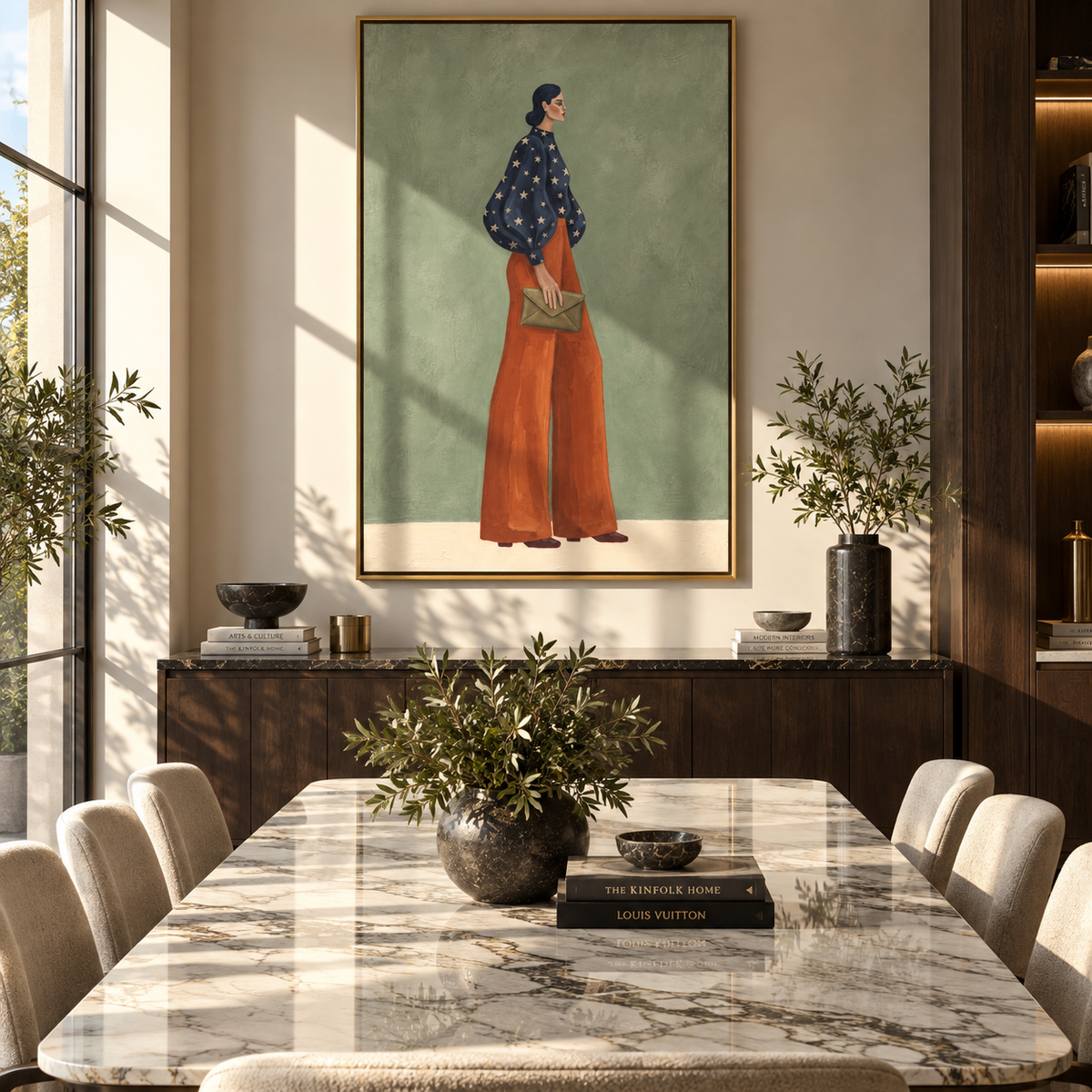 Navy Star Blouse Clutch focuses on the specific fashion figure shown in the artwork: woman in a navy star-pattern blouse and rust trousers holding a soft clutch. The image is built around elongated trousers, a compact upper-body pose, sculptural sleeve volume, small accessory detail, and a quiet studio background. The blue, brown, green palette keeps the mood refined while the raised texture and visible brushwork make the surface feel handmade rather than printed. This made-to-order canvas suits