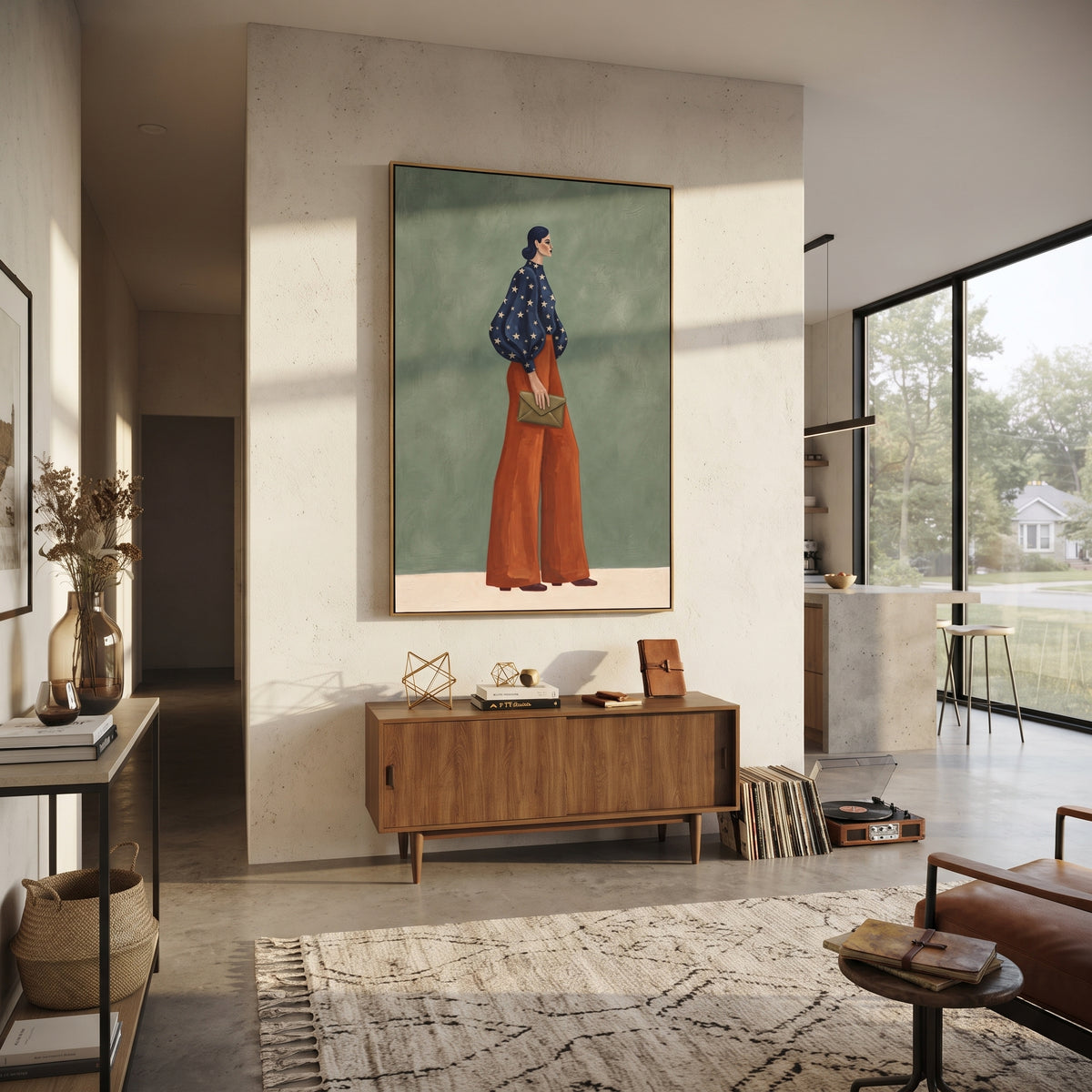 Navy Star Blouse Clutch focuses on the specific fashion figure shown in the artwork: woman in a navy star-pattern blouse and rust trousers holding a soft clutch. The image is built around elongated trousers, a compact upper-body pose, sculptural sleeve volume, small accessory detail, and a quiet studio background. The blue, brown, green palette keeps the mood refined while the raised texture and visible brushwork make the surface feel handmade rather than printed. This made-to-order canvas suits