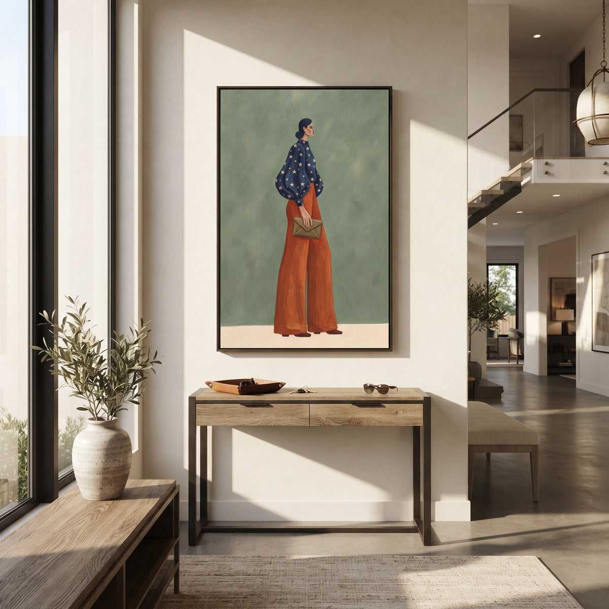 Navy Star Blouse Clutch focuses on the specific fashion figure shown in the artwork: woman in a navy star-pattern blouse and rust trousers holding a soft clutch. The image is built around elongated trousers, a compact upper-body pose, sculptural sleeve volume, small accessory detail, and a quiet studio background. The blue, brown, green palette keeps the mood refined while the raised texture and visible brushwork make the surface feel handmade rather than printed. This made-to-order canvas suits