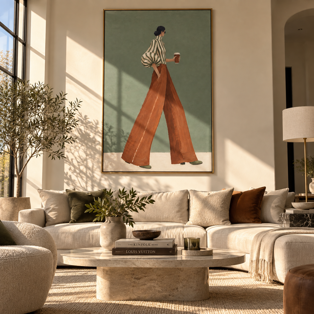 Striped Sleeve Coffee Profile focuses on the specific fashion figure shown in the artwork: walking woman in green striped blouse, rust trousers, and coffee cup on a pale green wall. The image is built around elongated trousers, a compact upper-body pose, sculptural sleeve volume, small accessory detail, and a quiet studio background. The brown, green, beige palette keeps the mood refined while the raised texture and visible brushwork make the surface feel handmade rather than printed. This