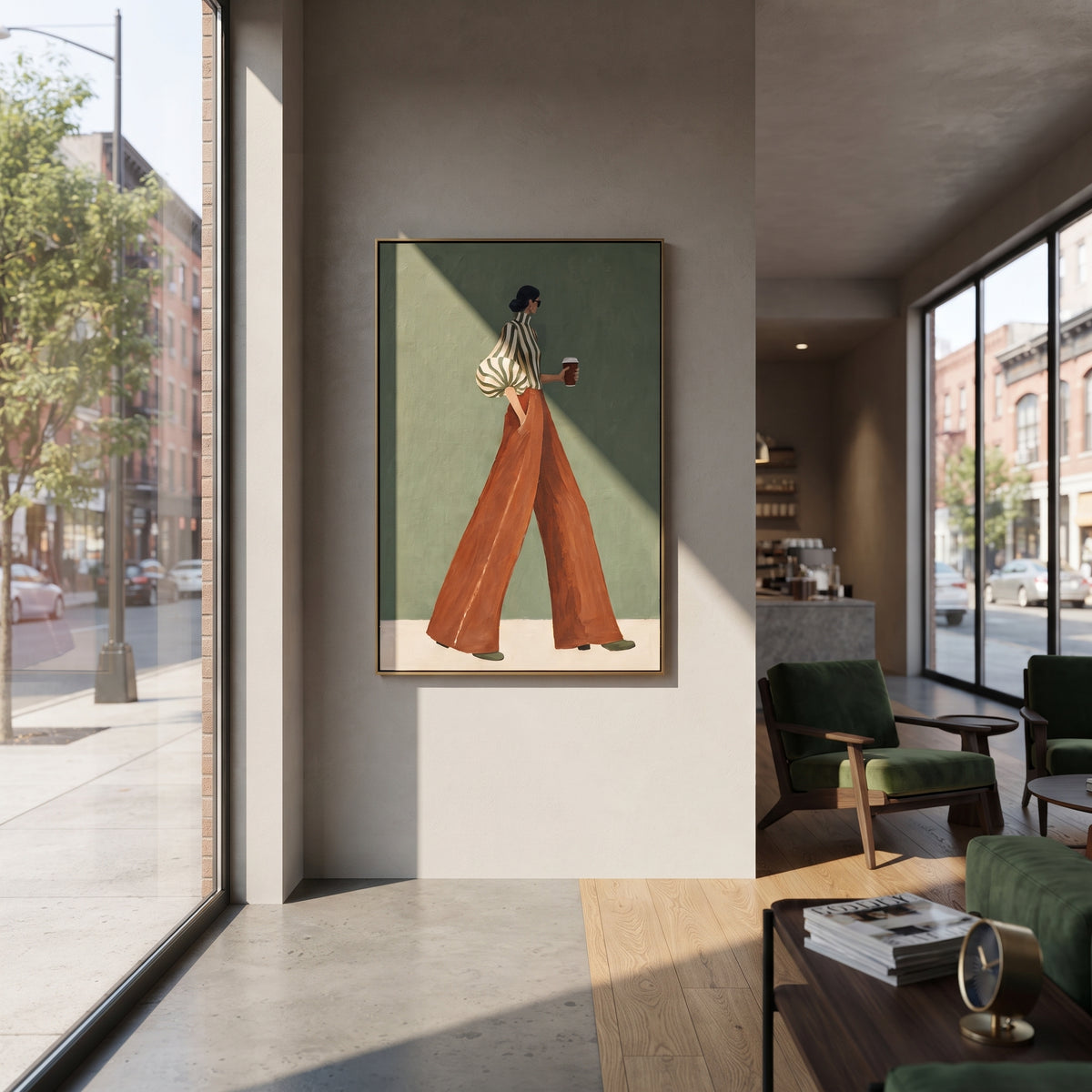 Striped Sleeve Coffee Profile focuses on the specific fashion figure shown in the artwork: walking woman in green striped blouse, rust trousers, and coffee cup on a pale green wall. The image is built around elongated trousers, a compact upper-body pose, sculptural sleeve volume, small accessory detail, and a quiet studio background. The brown, green, beige palette keeps the mood refined while the raised texture and visible brushwork make the surface feel handmade rather than printed. This