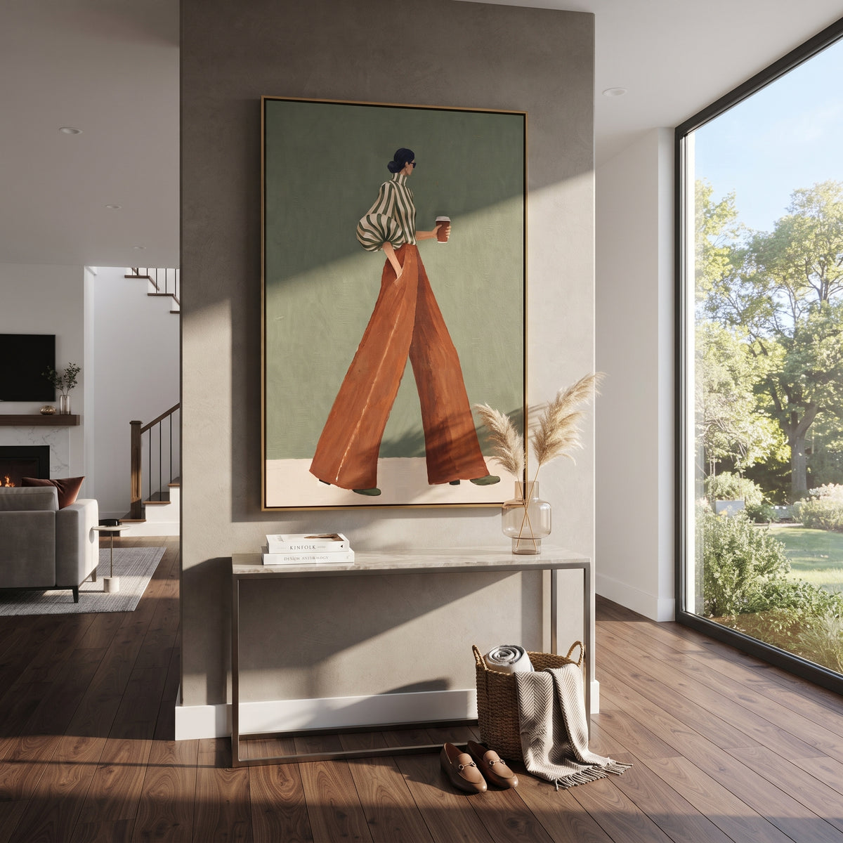 Striped Sleeve Coffee Profile focuses on the specific fashion figure shown in the artwork: walking woman in green striped blouse, rust trousers, and coffee cup on a pale green wall. The image is built around elongated trousers, a compact upper-body pose, sculptural sleeve volume, small accessory detail, and a quiet studio background. The brown, green, beige palette keeps the mood refined while the raised texture and visible brushwork make the surface feel handmade rather than printed. This