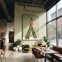 Red Stripe Handbag Walk focuses on the specific fashion figure shown in the artwork: walking woman with red striped puff blouse, olive trousers, and tan handbag. The image is built around elongated trousers, a compact upper-body pose, sculptural sleeve volume, small accessory detail, and a quiet studio background. The green, red, beige palette keeps the mood refined while the raised texture and visible brushwork make the surface feel handmade rather than printed. This made-to-order canvas suits