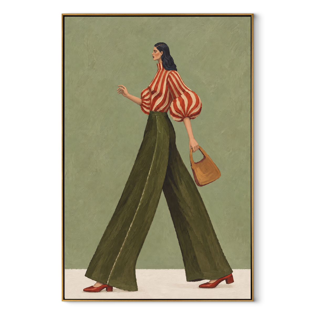 Red Stripe Handbag Walk focuses on the specific fashion figure shown in the artwork: walking woman with red striped puff blouse, olive trousers, and tan handbag. The image is built around elongated trousers, a compact upper-body pose, sculptural sleeve volume, small accessory detail, and a quiet studio background. The green, red, beige palette keeps the mood refined while the raised texture and visible brushwork make the surface feel handmade rather than printed. This made-to-order canvas suits