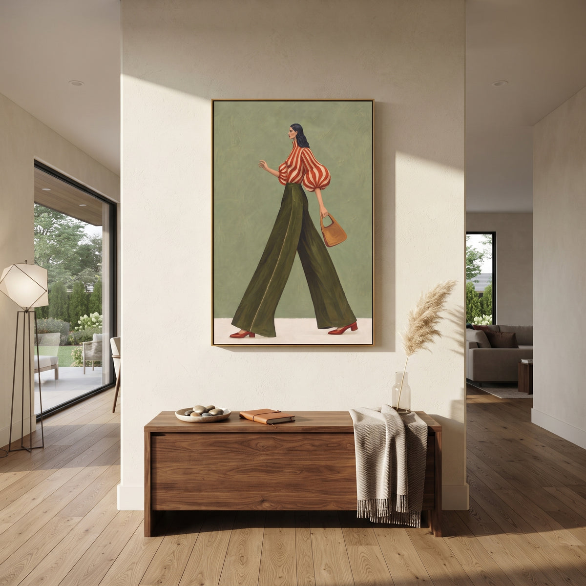 Red Stripe Handbag Walk focuses on the specific fashion figure shown in the artwork: walking woman with red striped puff blouse, olive trousers, and tan handbag. The image is built around elongated trousers, a compact upper-body pose, sculptural sleeve volume, small accessory detail, and a quiet studio background. The green, red, beige palette keeps the mood refined while the raised texture and visible brushwork make the surface feel handmade rather than printed. This made-to-order canvas suits