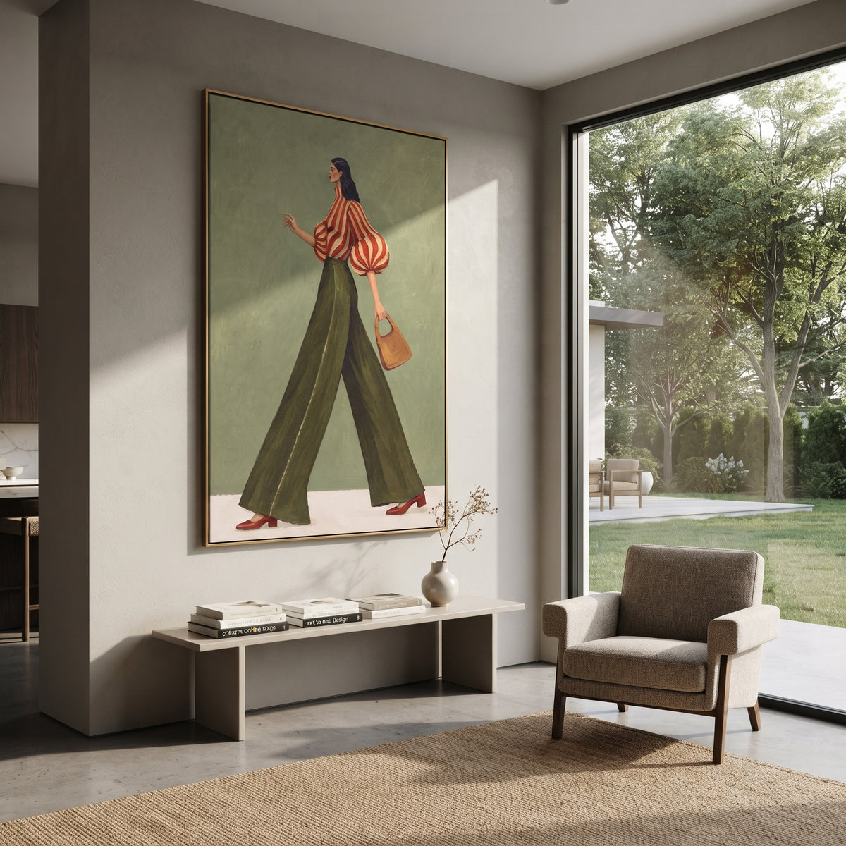 Red Stripe Handbag Walk focuses on the specific fashion figure shown in the artwork: walking woman with red striped puff blouse, olive trousers, and tan handbag. The image is built around elongated trousers, a compact upper-body pose, sculptural sleeve volume, small accessory detail, and a quiet studio background. The green, red, beige palette keeps the mood refined while the raised texture and visible brushwork make the surface feel handmade rather than printed. This made-to-order canvas suits