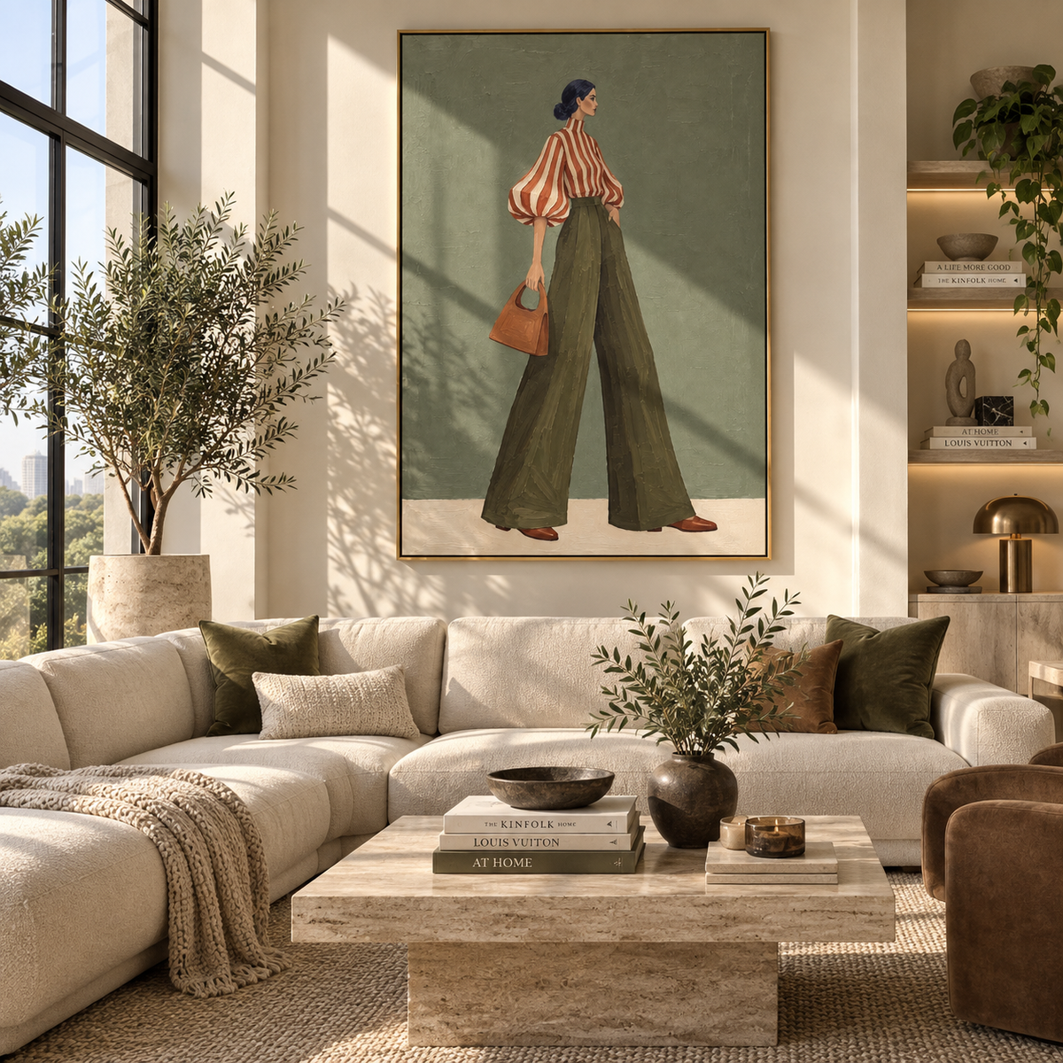 Orange Stripe Olive Handbag focuses on the specific fashion figure shown in the artwork: standing side-profile woman in orange striped blouse, olive trousers, and tan handbag. The image is built around elongated trousers, a compact upper-body pose, sculptural sleeve volume, small accessory detail, and a quiet studio background. The green, orange, beige palette keeps the mood refined while the raised texture and visible brushwork make the surface feel handmade rather than printed. This