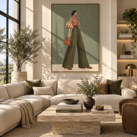 Orange Stripe Olive Handbag focuses on the specific fashion figure shown in the artwork: standing side-profile woman in orange striped blouse, olive trousers, and tan handbag. The image is built around elongated trousers, a compact upper-body pose, sculptural sleeve volume, small accessory detail, and a quiet studio background. The green, orange, beige palette keeps the mood refined while the raised texture and visible brushwork make the surface feel handmade rather than printed. This