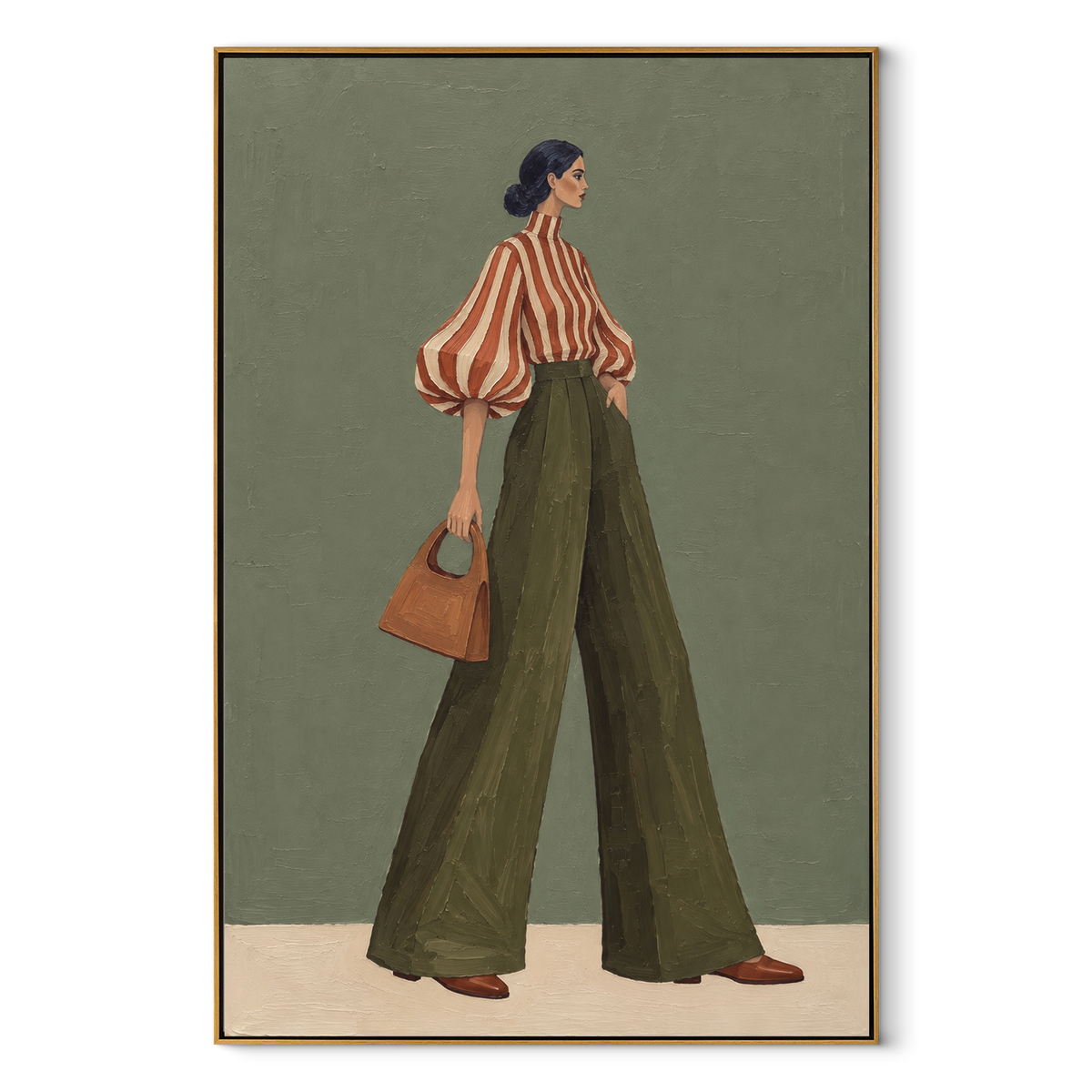Orange Stripe Olive Handbag focuses on the specific fashion figure shown in the artwork: standing side-profile woman in orange striped blouse, olive trousers, and tan handbag. The image is built around elongated trousers, a compact upper-body pose, sculptural sleeve volume, small accessory detail, and a quiet studio background. The green, orange, beige palette keeps the mood refined while the raised texture and visible brushwork make the surface feel handmade rather than printed. This