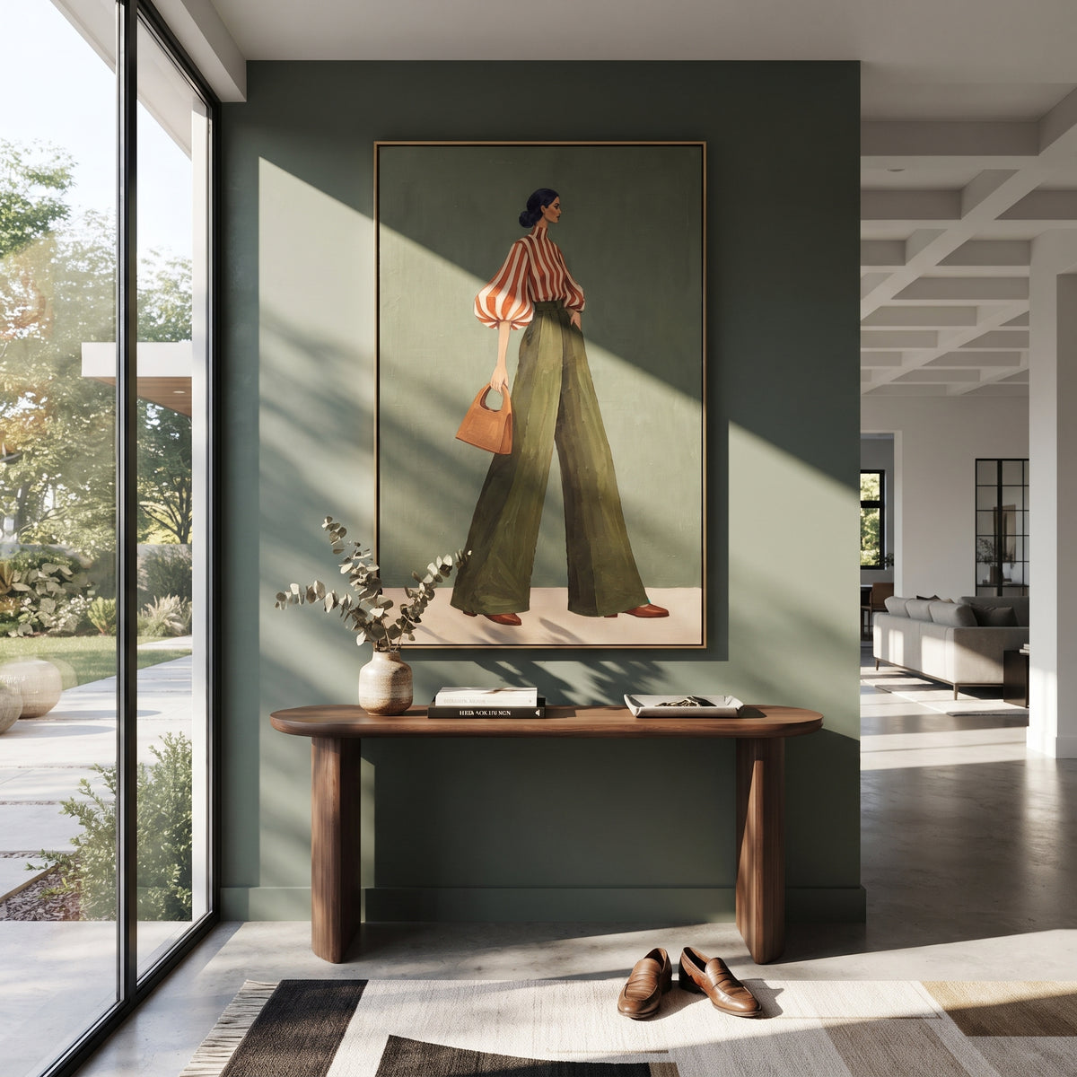 Orange Stripe Olive Handbag focuses on the specific fashion figure shown in the artwork: standing side-profile woman in orange striped blouse, olive trousers, and tan handbag. The image is built around elongated trousers, a compact upper-body pose, sculptural sleeve volume, small accessory detail, and a quiet studio background. The green, orange, beige palette keeps the mood refined while the raised texture and visible brushwork make the surface feel handmade rather than printed. This
