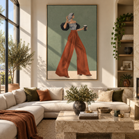 Striped Bandeau Coffee Walk focuses on the specific fashion figure shown in the artwork: woman in striped bandeau top and rust trousers with head scarf and coffee cup. The image is built around elongated trousers, a compact upper-body pose, sculptural sleeve volume, small accessory detail, and a quiet studio background. The brown, black, beige palette keeps the mood refined while the raised texture and visible brushwork make the surface feel handmade rather than printed. This made-to-order