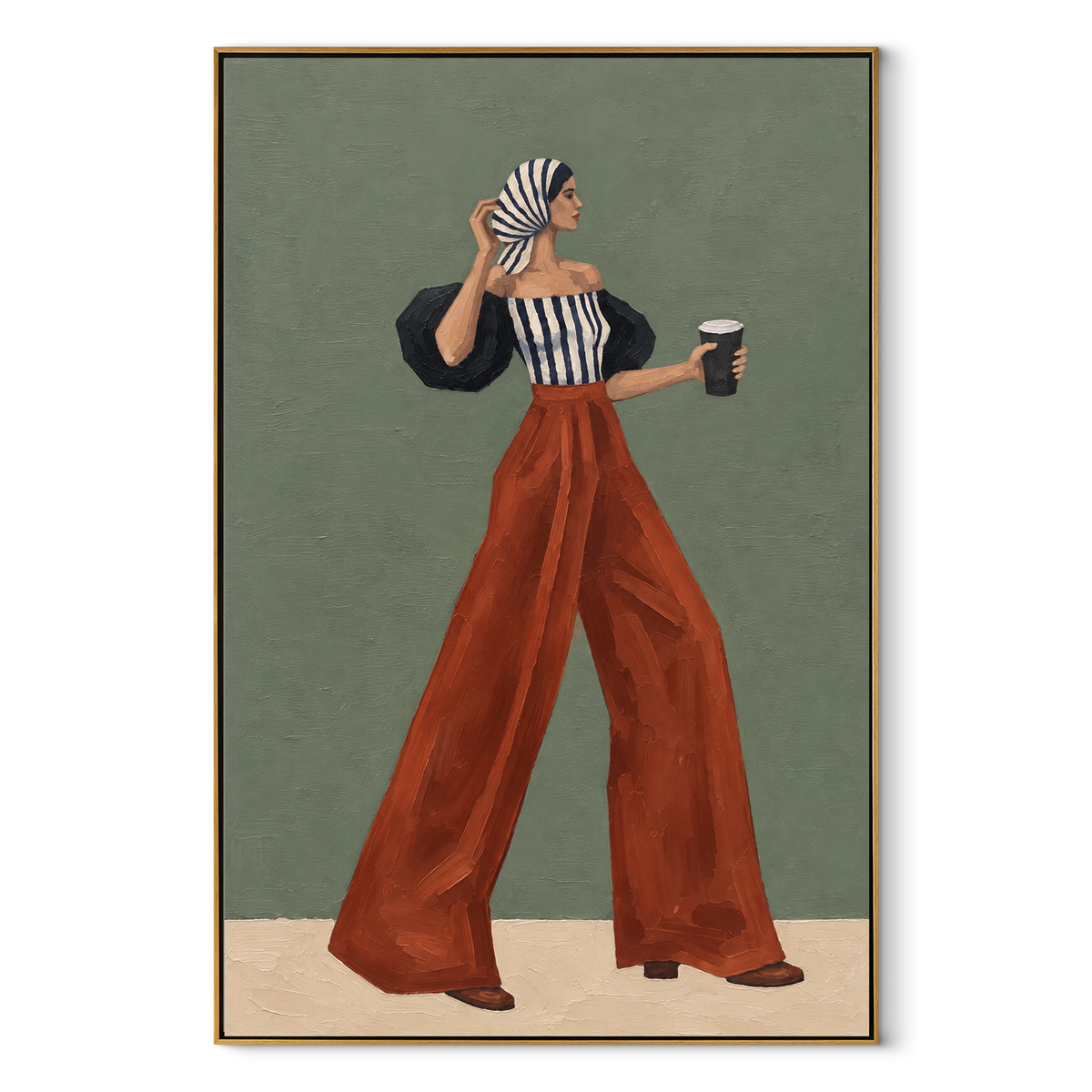 Striped Bandeau Coffee Walk focuses on the specific fashion figure shown in the artwork: woman in striped bandeau top and rust trousers with head scarf and coffee cup. The image is built around elongated trousers, a compact upper-body pose, sculptural sleeve volume, small accessory detail, and a quiet studio background. The brown, black, beige palette keeps the mood refined while the raised texture and visible brushwork make the surface feel handmade rather than printed. This made-to-order