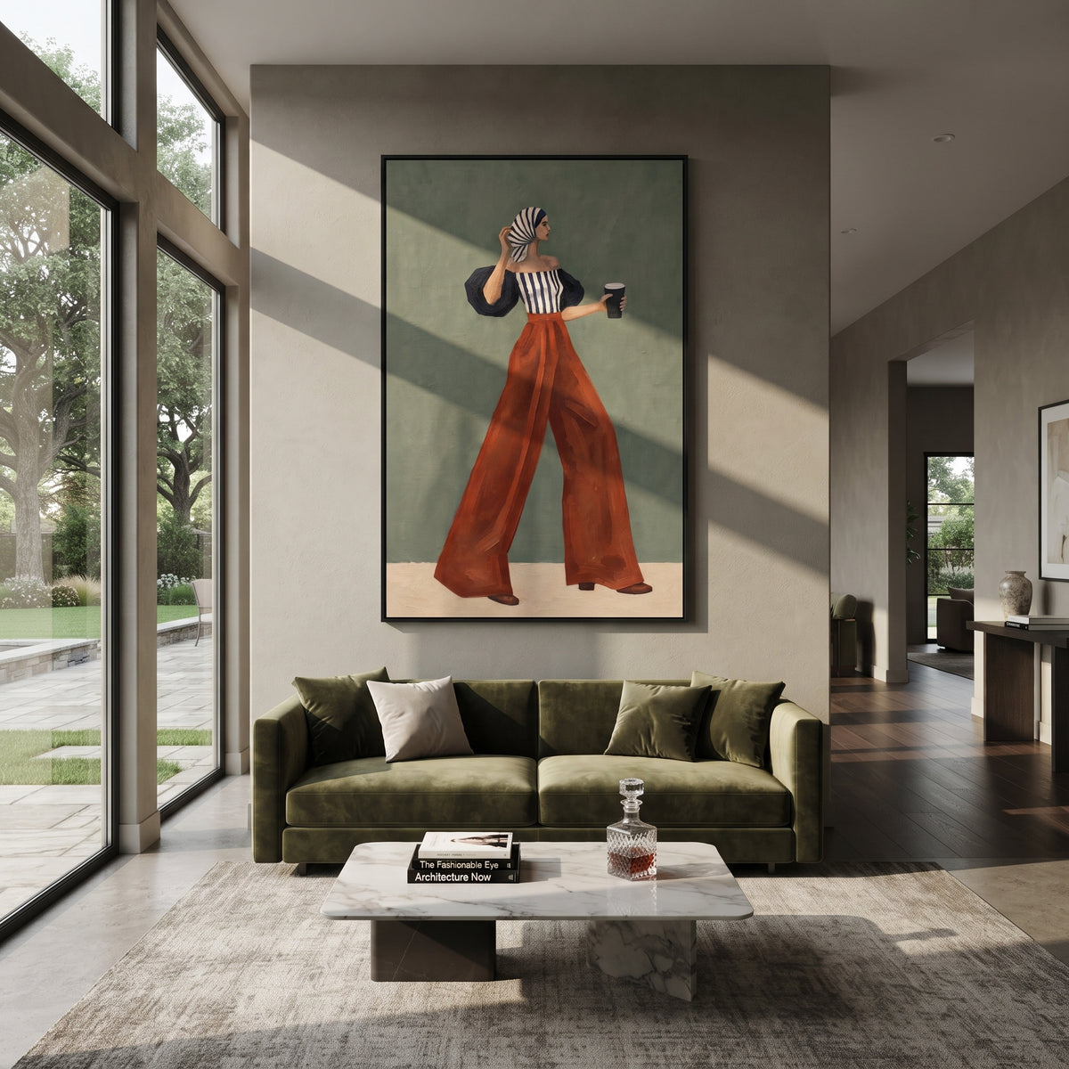 Striped Bandeau Coffee Walk focuses on the specific fashion figure shown in the artwork: woman in striped bandeau top and rust trousers with head scarf and coffee cup. The image is built around elongated trousers, a compact upper-body pose, sculptural sleeve volume, small accessory detail, and a quiet studio background. The brown, black, beige palette keeps the mood refined while the raised texture and visible brushwork make the surface feel handmade rather than printed. This made-to-order