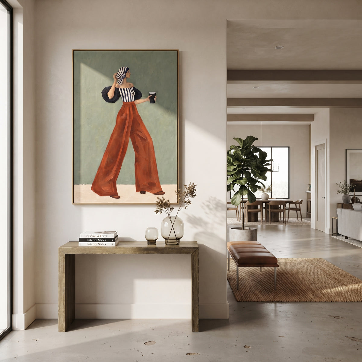 Striped Bandeau Coffee Walk focuses on the specific fashion figure shown in the artwork: woman in striped bandeau top and rust trousers with head scarf and coffee cup. The image is built around elongated trousers, a compact upper-body pose, sculptural sleeve volume, small accessory detail, and a quiet studio background. The brown, black, beige palette keeps the mood refined while the raised texture and visible brushwork make the surface feel handmade rather than printed. This made-to-order