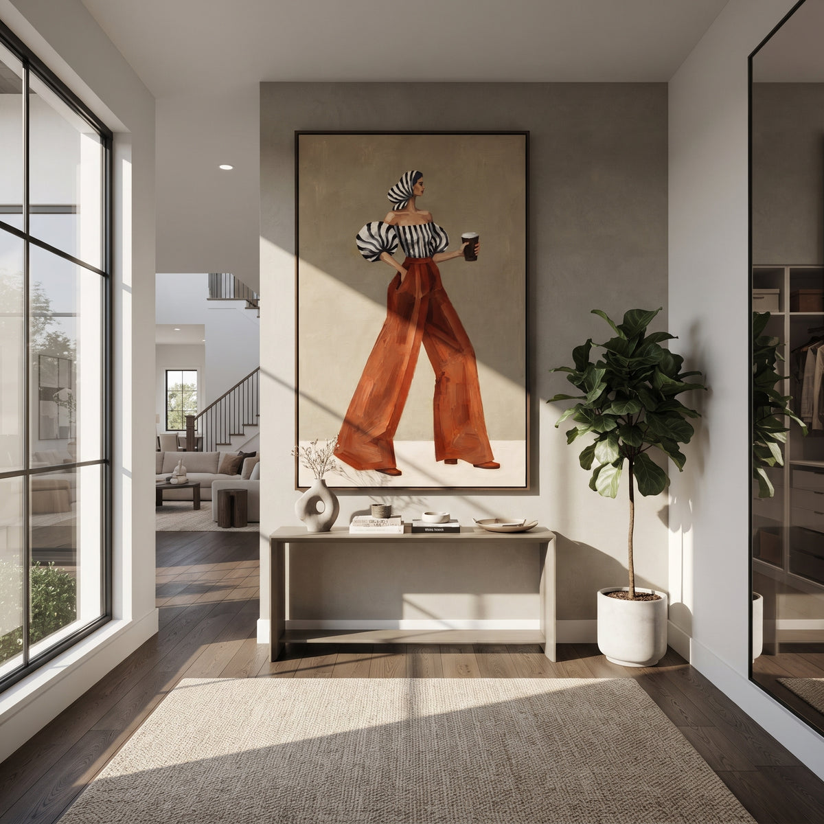 Headscarf Coffee Back Pose focuses on the specific fashion figure shown in the artwork: back-view woman in striped off-shoulder blouse and rust trousers holding coffee. The image is built around elongated trousers, a compact upper-body pose, sculptural sleeve volume, small accessory detail, and a quiet studio background. The brown, beige, white palette keeps the mood refined while the raised texture and visible brushwork make the surface feel handmade rather than printed. This made-to-order
