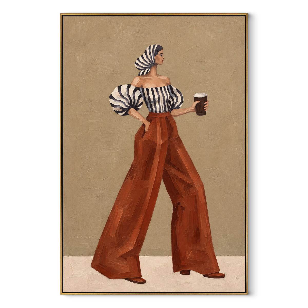 Headscarf Coffee Back Pose focuses on the specific fashion figure shown in the artwork: back-view woman in striped off-shoulder blouse and rust trousers holding coffee. The image is built around elongated trousers, a compact upper-body pose, sculptural sleeve volume, small accessory detail, and a quiet studio background. The brown, beige, white palette keeps the mood refined while the raised texture and visible brushwork make the surface feel handmade rather than printed. This made-to-order