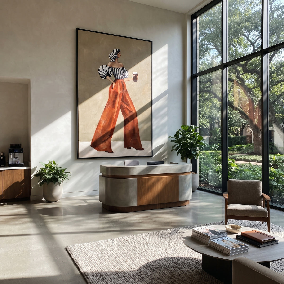 Headscarf Coffee Back Pose focuses on the specific fashion figure shown in the artwork: back-view woman in striped off-shoulder blouse and rust trousers holding coffee. The image is built around elongated trousers, a compact upper-body pose, sculptural sleeve volume, small accessory detail, and a quiet studio background. The brown, beige, white palette keeps the mood refined while the raised texture and visible brushwork make the surface feel handmade rather than printed. This made-to-order