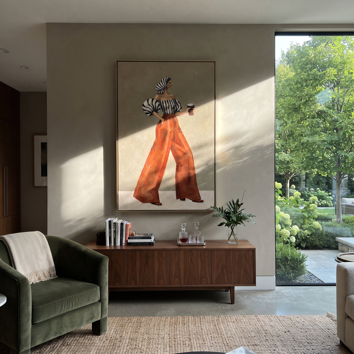 Headscarf Coffee Back Pose focuses on the specific fashion figure shown in the artwork: back-view woman in striped off-shoulder blouse and rust trousers holding coffee. The image is built around elongated trousers, a compact upper-body pose, sculptural sleeve volume, small accessory detail, and a quiet studio background. The brown, beige, white palette keeps the mood refined while the raised texture and visible brushwork make the surface feel handmade rather than printed. This made-to-order