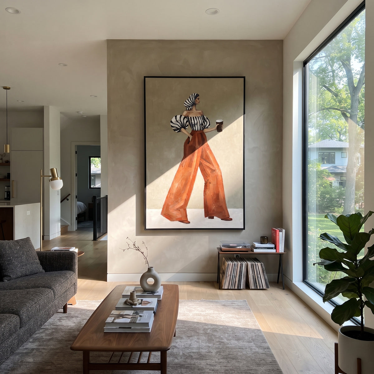 Headscarf Coffee Back Pose focuses on the specific fashion figure shown in the artwork: back-view woman in striped off-shoulder blouse and rust trousers holding coffee. The image is built around elongated trousers, a compact upper-body pose, sculptural sleeve volume, small accessory detail, and a quiet studio background. The brown, beige, white palette keeps the mood refined while the raised texture and visible brushwork make the surface feel handmade rather than printed. This made-to-order