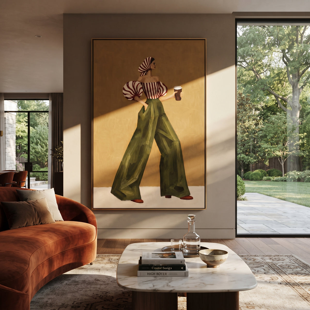 Red Stripe Green Pants Back focuses on the specific fashion figure shown in the artwork: back-view woman with red striped puff blouse, green trousers, and striped headscarf. The image is built around elongated trousers, a compact upper-body pose, sculptural sleeve volume, small accessory detail, and a quiet studio background. The green, red, yellow palette keeps the mood refined while the raised texture and visible brushwork make the surface feel handmade rather than printed. This made-to-order