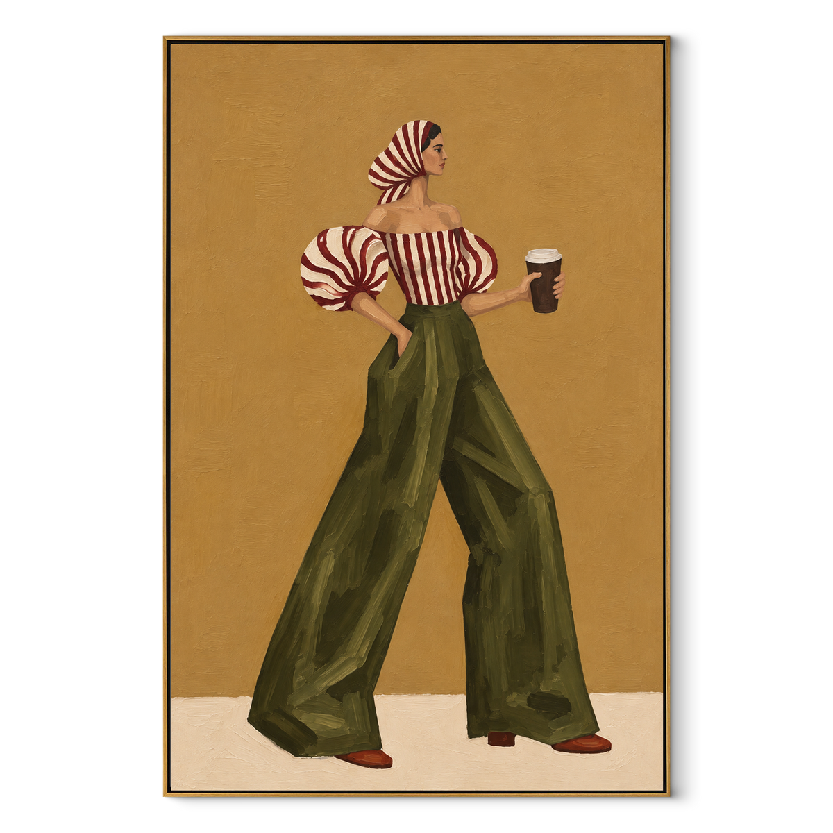 Red Stripe Green Pants Back focuses on the specific fashion figure shown in the artwork: back-view woman with red striped puff blouse, green trousers, and striped headscarf. The image is built around elongated trousers, a compact upper-body pose, sculptural sleeve volume, small accessory detail, and a quiet studio background. The green, red, yellow palette keeps the mood refined while the raised texture and visible brushwork make the surface feel handmade rather than printed. This made-to-order