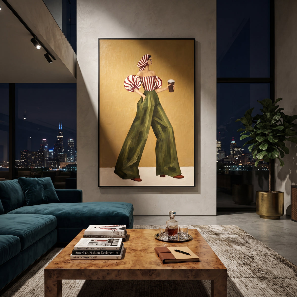 Red Stripe Green Pants Back focuses on the specific fashion figure shown in the artwork: back-view woman with red striped puff blouse, green trousers, and striped headscarf. The image is built around elongated trousers, a compact upper-body pose, sculptural sleeve volume, small accessory detail, and a quiet studio background. The green, red, yellow palette keeps the mood refined while the raised texture and visible brushwork make the surface feel handmade rather than printed. This made-to-order