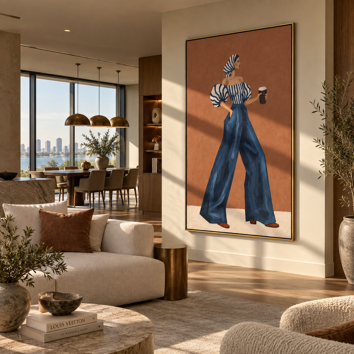 Blue Pants Coffee Back Pose focuses on the specific fashion figure shown in the artwork: back-view woman in blue wide-leg pants, striped puff blouse, and coffee cup. The image is built around elongated trousers, a compact upper-body pose, sculptural sleeve volume, small accessory detail, and a quiet studio background. The blue, beige, orange palette keeps the mood refined while the raised texture and visible brushwork make the surface feel handmade rather than printed. This made-to-order canvas