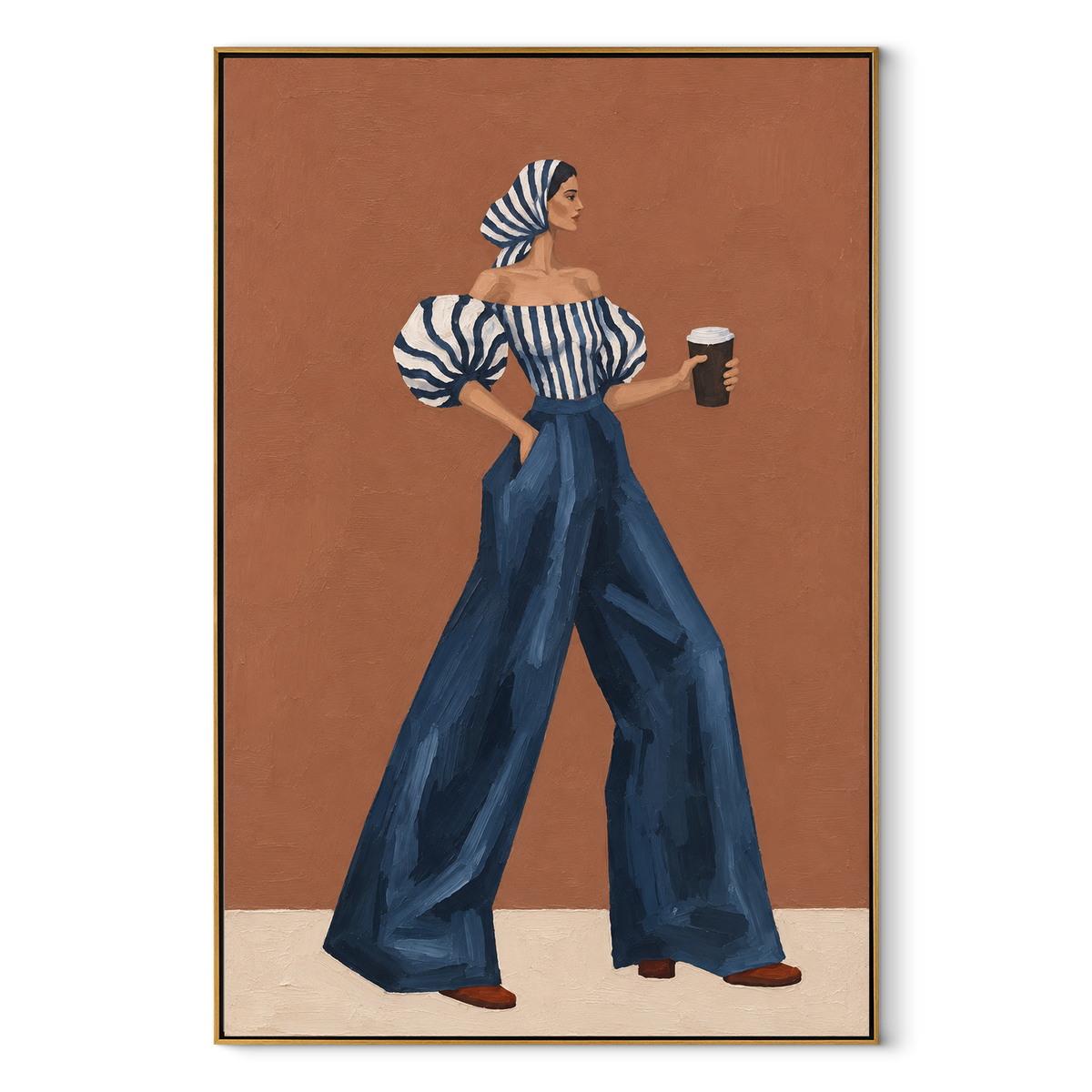 "Blue Pants Coffee Back Pose" - Modern Heavy Impasto Abstract Artwork | Blue & Beige Palette Knife Painting | Luxury Vertical Wall Art #PT 2574