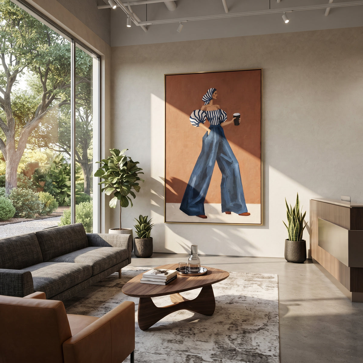 Blue Pants Coffee Back Pose focuses on the specific fashion figure shown in the artwork: back-view woman in blue wide-leg pants, striped puff blouse, and coffee cup. The image is built around elongated trousers, a compact upper-body pose, sculptural sleeve volume, small accessory detail, and a quiet studio background. The blue, beige, orange palette keeps the mood refined while the raised texture and visible brushwork make the surface feel handmade rather than printed. This made-to-order canvas