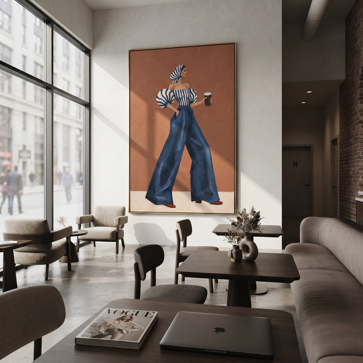 Blue Pants Coffee Back Pose focuses on the specific fashion figure shown in the artwork: back-view woman in blue wide-leg pants, striped puff blouse, and coffee cup. The image is built around elongated trousers, a compact upper-body pose, sculptural sleeve volume, small accessory detail, and a quiet studio background. The blue, beige, orange palette keeps the mood refined while the raised texture and visible brushwork make the surface feel handmade rather than printed. This made-to-order canvas