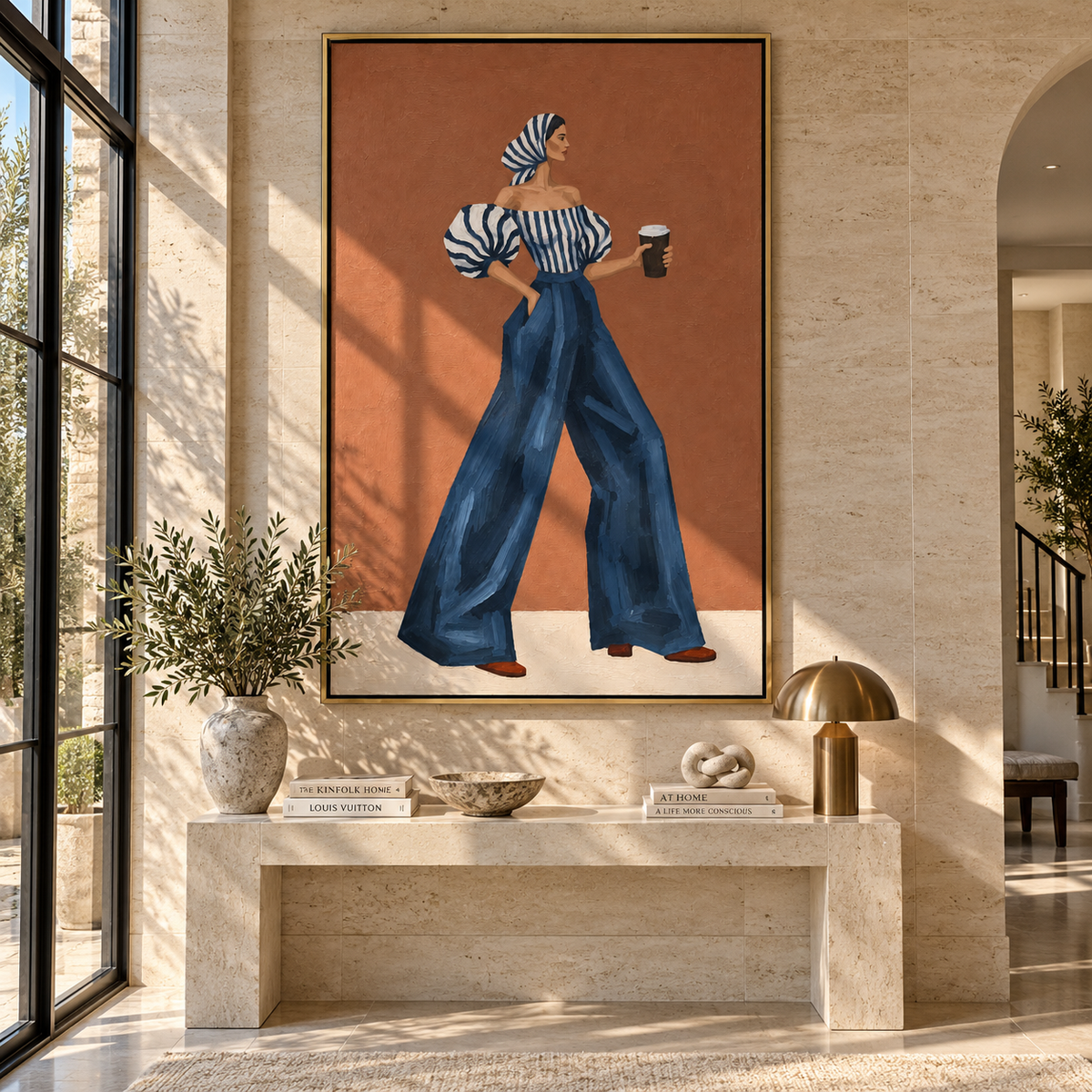 Blue Pants Coffee Back Pose focuses on the specific fashion figure shown in the artwork: back-view woman in blue wide-leg pants, striped puff blouse, and coffee cup. The image is built around elongated trousers, a compact upper-body pose, sculptural sleeve volume, small accessory detail, and a quiet studio background. The blue, beige, orange palette keeps the mood refined while the raised texture and visible brushwork make the surface feel handmade rather than printed. This made-to-order canvas