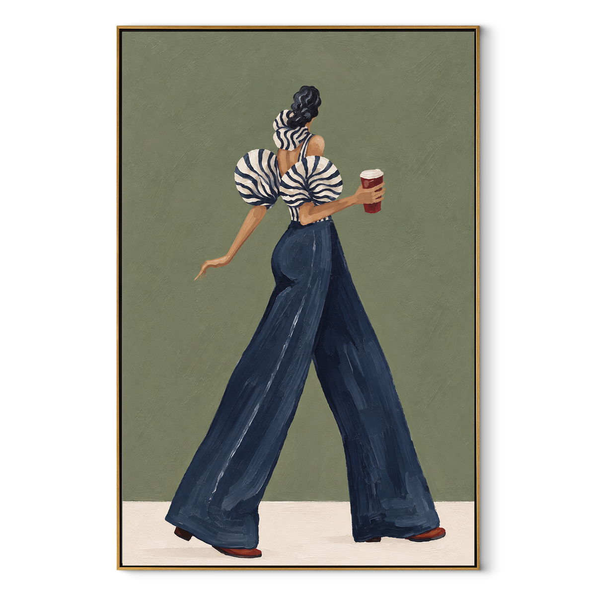 Blue Trouser Coffee Turn focuses on the specific fashion figure shown in the artwork: walking back-profile woman in blue trousers carrying a red coffee cup. The image is built around elongated trousers, a compact upper-body pose, sculptural sleeve volume, small accessory detail, and a quiet studio background. The blue, beige, green palette keeps the mood refined while the raised texture and visible brushwork make the surface feel handmade rather than printed. This made-to-order canvas suits
