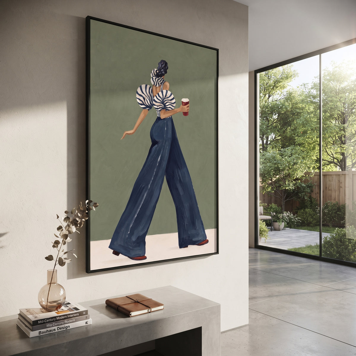 Blue Trouser Coffee Turn focuses on the specific fashion figure shown in the artwork: walking back-profile woman in blue trousers carrying a red coffee cup. The image is built around elongated trousers, a compact upper-body pose, sculptural sleeve volume, small accessory detail, and a quiet studio background. The blue, beige, green palette keeps the mood refined while the raised texture and visible brushwork make the surface feel handmade rather than printed. This made-to-order canvas suits