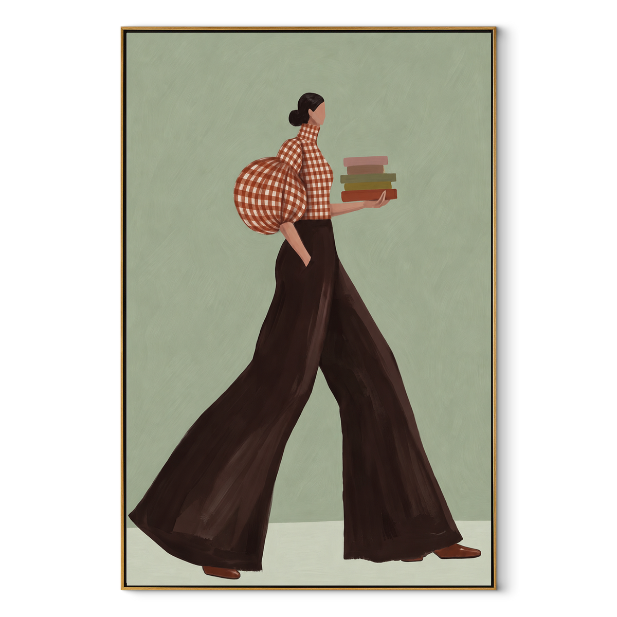 Book Stack Fashion Walk focuses on the specific fashion figure shown in the artwork: walking woman with red check puff sleeve and dark flowing trousers carrying stacked books. The image is built around elongated trousers, a compact upper-body pose, sculptural sleeve volume, small accessory detail, and a quiet studio background. The brown, red, green palette keeps the mood refined while the raised texture and visible brushwork make the surface feel handmade rather than printed. This made-to-order