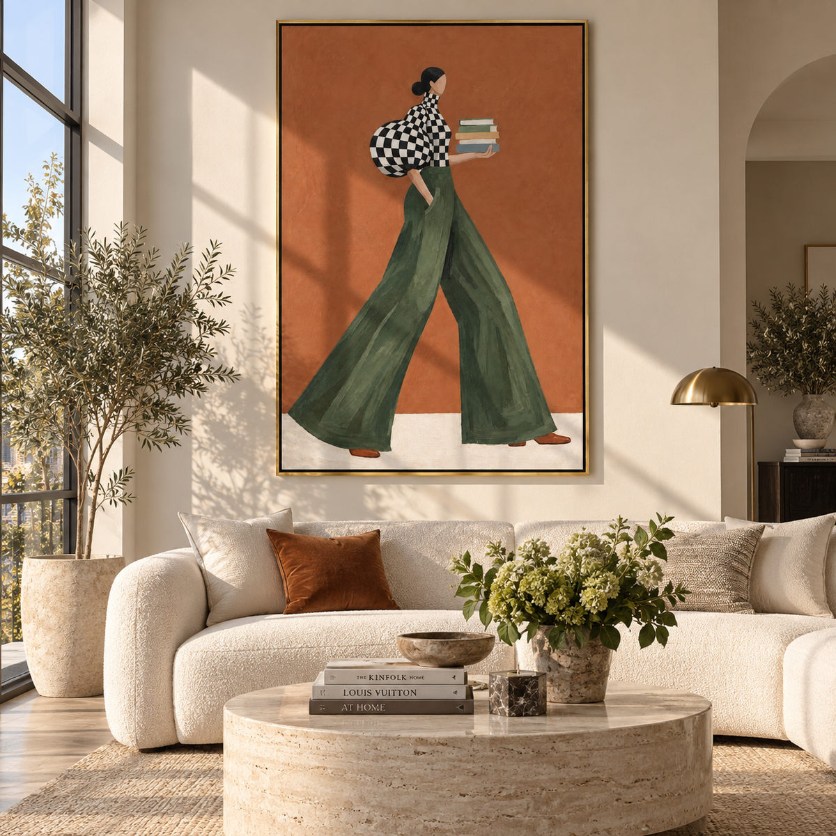 Check Sleeve Green Pants Books focuses on the specific fashion figure shown in the artwork: walking woman in black check puff sleeve and green trousers holding stacked books. The image is built around elongated trousers, a compact upper-body pose, sculptural sleeve volume, small accessory detail, and a quiet studio background. The green, black, orange palette keeps the mood refined while the raised texture and visible brushwork make the surface feel handmade rather than printed. This