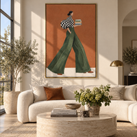 Check Sleeve Green Pants Books focuses on the specific fashion figure shown in the artwork: walking woman in black check puff sleeve and green trousers holding stacked books. The image is built around elongated trousers, a compact upper-body pose, sculptural sleeve volume, small accessory detail, and a quiet studio background. The green, black, orange palette keeps the mood refined while the raised texture and visible brushwork make the surface feel handmade rather than printed. This