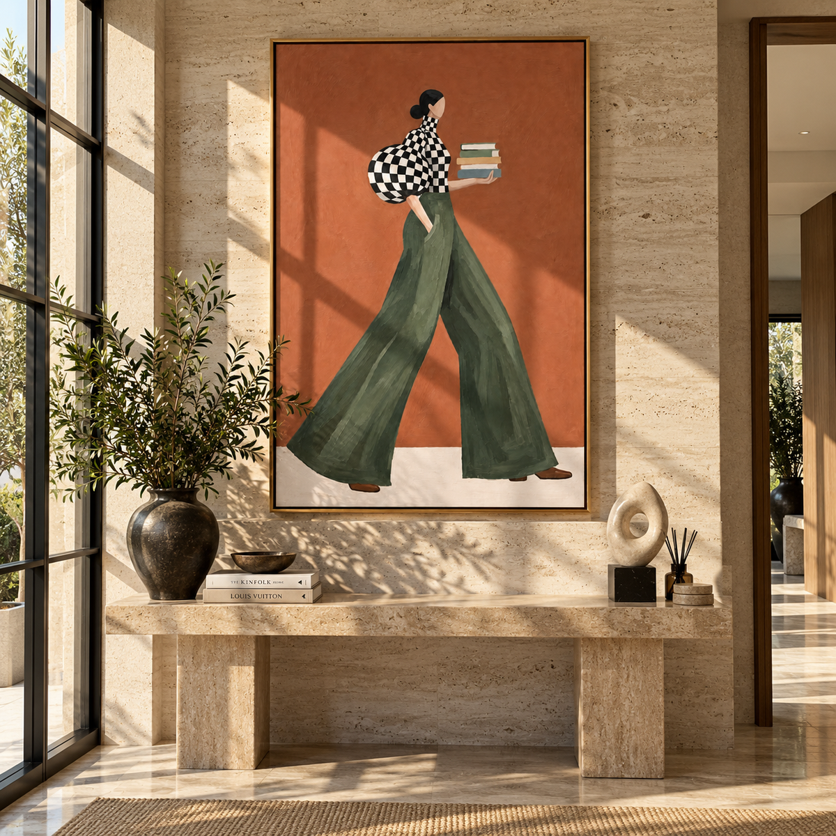 Check Sleeve Green Pants Books focuses on the specific fashion figure shown in the artwork: walking woman in black check puff sleeve and green trousers holding stacked books. The image is built around elongated trousers, a compact upper-body pose, sculptural sleeve volume, small accessory detail, and a quiet studio background. The green, black, orange palette keeps the mood refined while the raised texture and visible brushwork make the surface feel handmade rather than printed. This