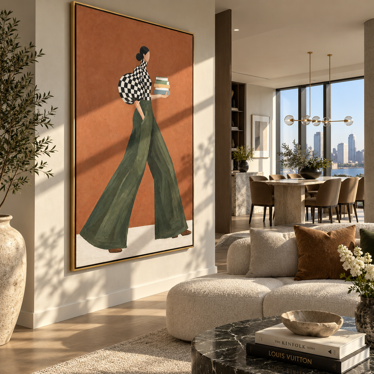 Check Sleeve Green Pants Books focuses on the specific fashion figure shown in the artwork: walking woman in black check puff sleeve and green trousers holding stacked books. The image is built around elongated trousers, a compact upper-body pose, sculptural sleeve volume, small accessory detail, and a quiet studio background. The green, black, orange palette keeps the mood refined while the raised texture and visible brushwork make the surface feel handmade rather than printed. This