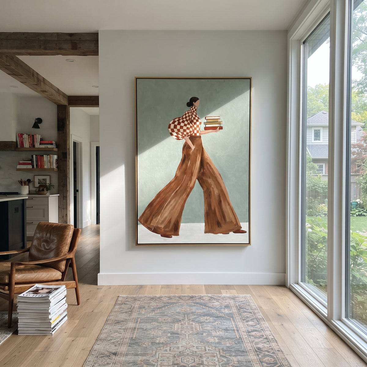 Red Check Books Walk focuses on the specific fashion figure shown in the artwork: walking woman in red check puff sleeve and brown trousers carrying stacked books. The image is built around elongated trousers, a compact upper-body pose, sculptural sleeve volume, small accessory detail, and a quiet studio background. The brown, red, green palette keeps the mood refined while the raised texture and visible brushwork make the surface feel handmade rather than printed. This made-to-order canvas